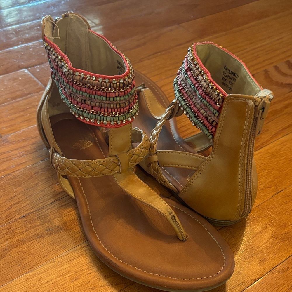 SO Tan Sandals with Pink and Green Beading GUC